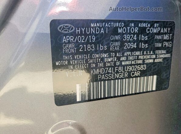 KMHD74LF8LU902683 2020 HYUNDAI ELANTRA Gray Vista de la etiqueta del VIN