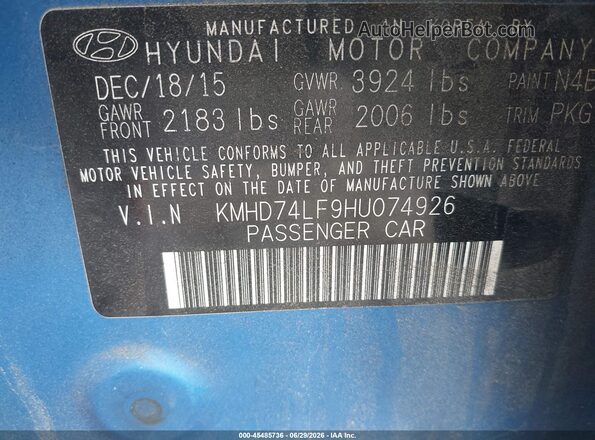 KMHD74LF9HU074926 2017 HYUNDAI ELANTRA Blue Engine compartment view