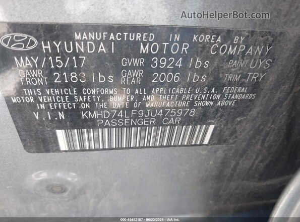 KMHD74LF9JU475978 2018 HYUNDAI ELANTRA Gray Vista del compartimento del motor