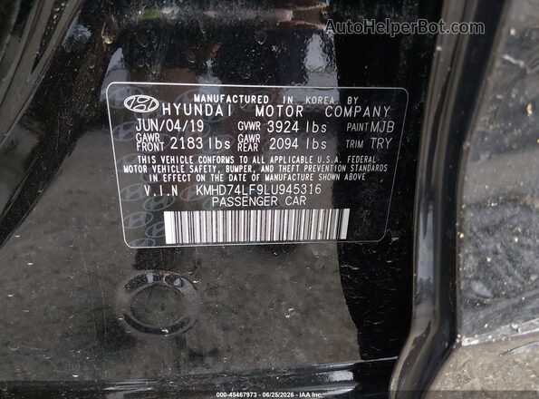 KMHD74LF9LU945316 2020 HYUNDAI ELANTRA Black Շարժիչի բաժամունքի տեսք
