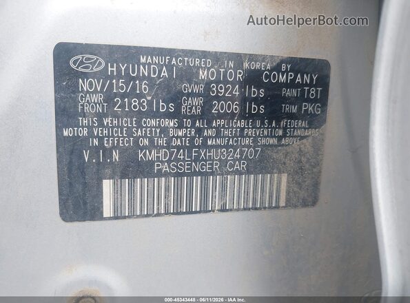 KMHD74LFXHU324707 2017 HYUNDAI ELANTRA Серебряный Вид подкапотного пространства
