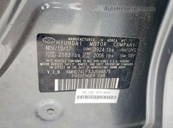 KMHD74LFXJU594879 2018 HYUNDAI ELANTRA Серый Вид подкапотного пространства
