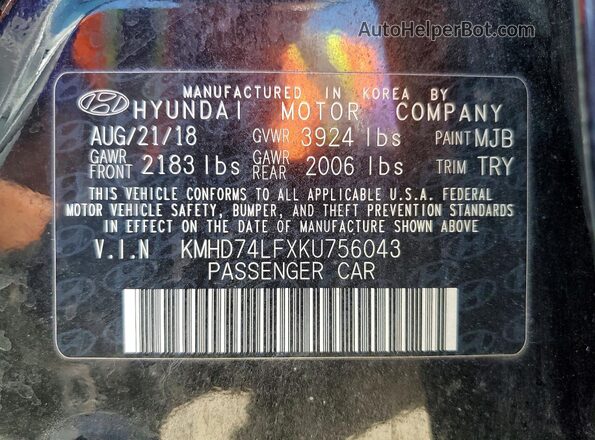 KMHD74LFXKU756043 2019 HYUNDAI ELANTRA Black ძრავის განყოფილების ხედი