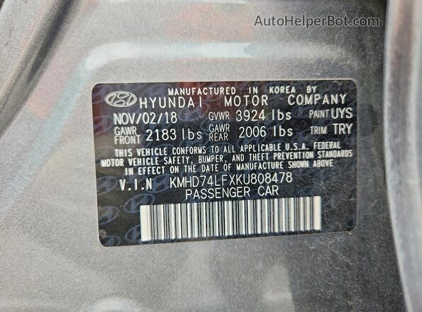 KMHD74LFXKU808478 2019 HYUNDAI ELANTRA Gray 