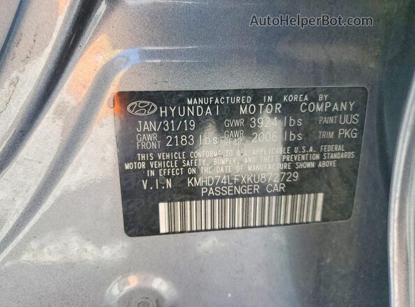 KMHD74LFXKU872729 2019 HYUNDAI ELANTRA Gray Widok naklejki z numerem VIN