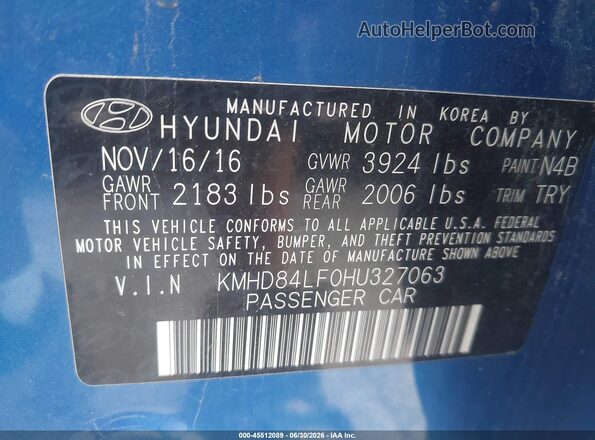 KMHD84LF0HU327063 2017 HYUNDAI ELANTRA Blue Вид підкапотного простору