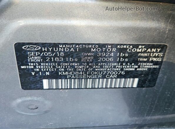 KMHD84LF0KU770076 2019 HYUNDAI ELANTRA Silver Vista del compartimento del motor