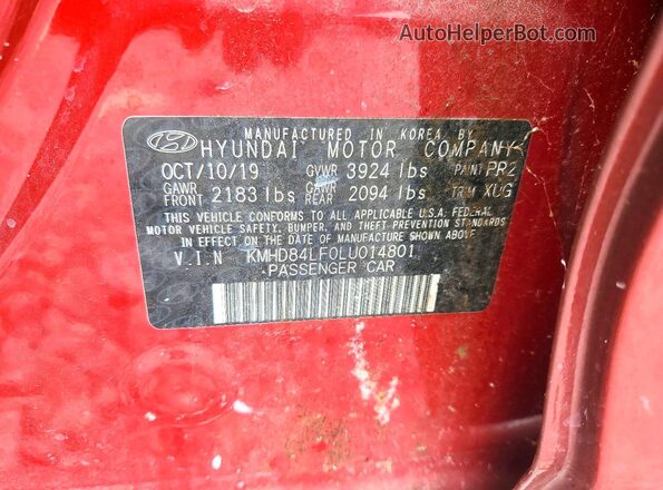 KMHD84LF0LU014801 2020 HYUNDAI ELANTRA Red 