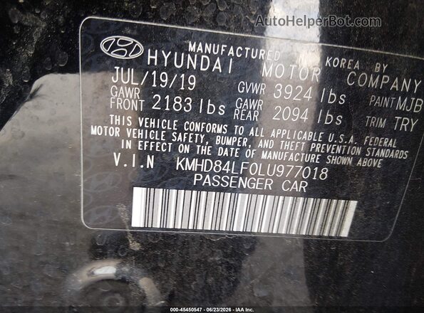 KMHD84LF0LU977018 2020 HYUNDAI ELANTRA Black Շարժիչի բաժամունքի տեսք