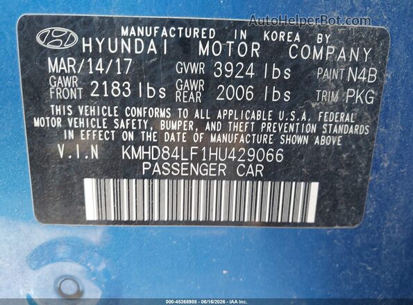 KMHD84LF1HU429066 2017 HYUNDAI ELANTRA Blue Vista del compartimento del motor