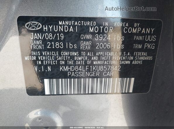 KMHD84LF1KU857842 2019 HYUNDAI ELANTRA Серый Вид подкапотного пространства