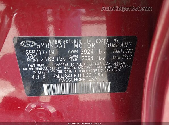 KMHD84LF1LU001166 2020 HYUNDAI ELANTRA Red Vista del compartimento del motor