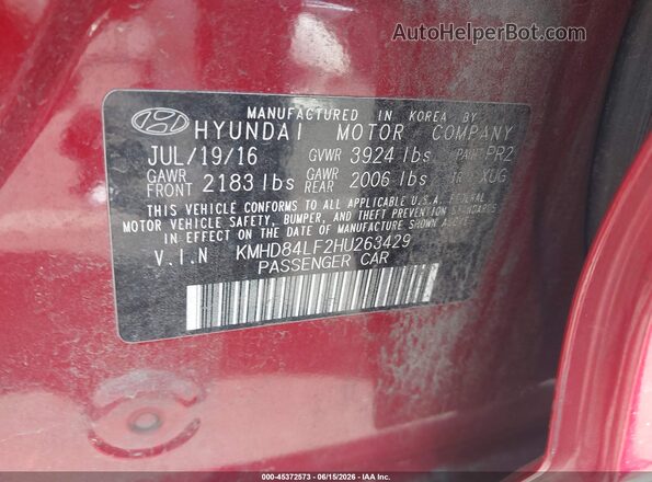 KMHD84LF2HU263429 2017 HYUNDAI ELANTRA Red Vista del compartimento del motor
