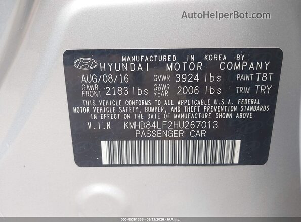 KMHD84LF2HU267013 2017 HYUNDAI ELANTRA Серебряный Вид подкапотного пространства