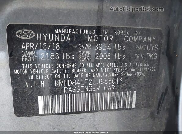 KMHD84LF2JU685013 2018 HYUNDAI ELANTRA Gray Вид підкапотного простору
