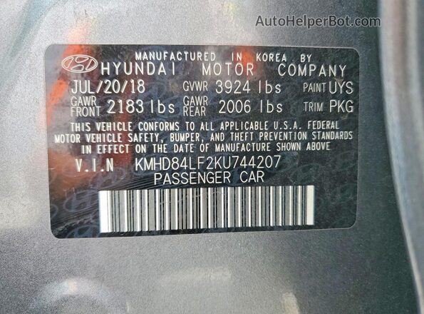 KMHD84LF2KU744207 2019 HYUNDAI ELANTRA Gray VIN sticker view