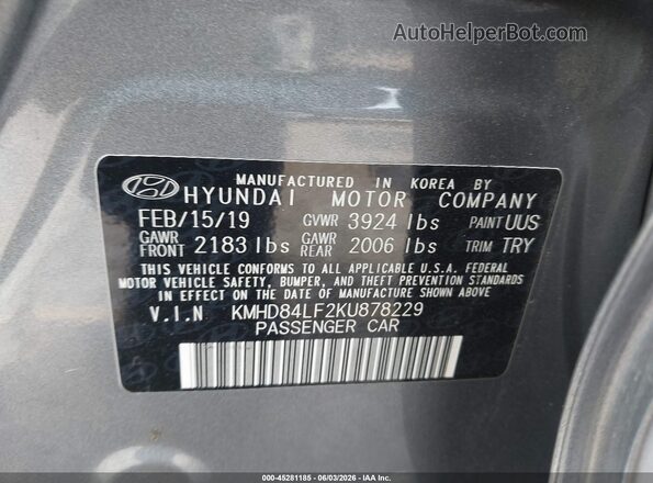 KMHD84LF2KU878229 2019 HYUNDAI ELANTRA Gray Widok komory silnika