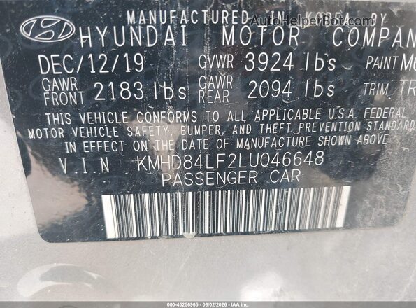 KMHD84LF2LU046648 2020 HYUNDAI ELANTRA Серебряный Вид подкапотного пространства
