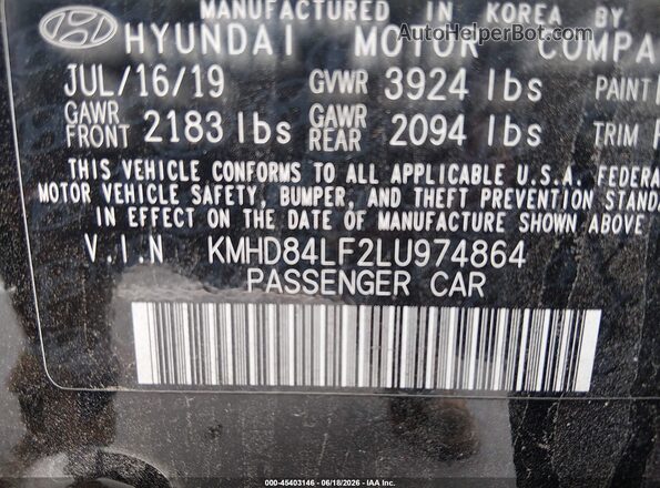 KMHD84LF2LU974864 2020 HYUNDAI ELANTRA Black Vista del compartimento del motor