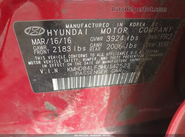 KMHD84LF3HU142523 2017 HYUNDAI ELANTRA Red Շարժիչի բաժամունքի տեսք