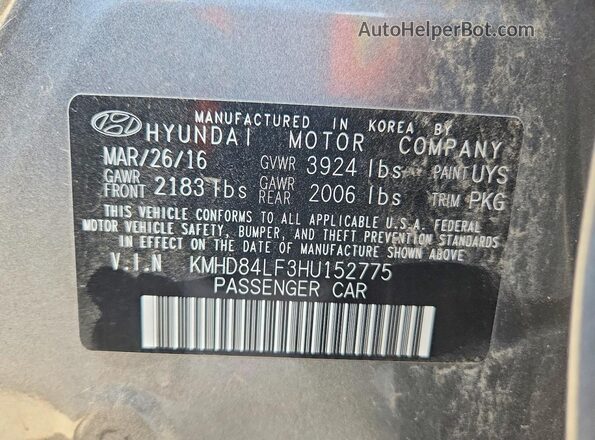 KMHD84LF3HU152775 2017 HYUNDAI ELANTRA Серый 