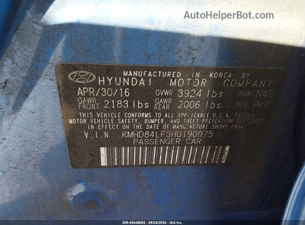 KMHD84LF3HU190975 2017 HYUNDAI ELANTRA Blue Vista del compartimento del motor