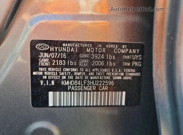KMHD84LF3HU222596 2017 HYUNDAI ELANTRA Gray 