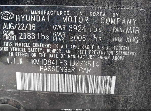 KMHD84LF3HU273614 2017 HYUNDAI ELANTRA Black Widok komory silnika