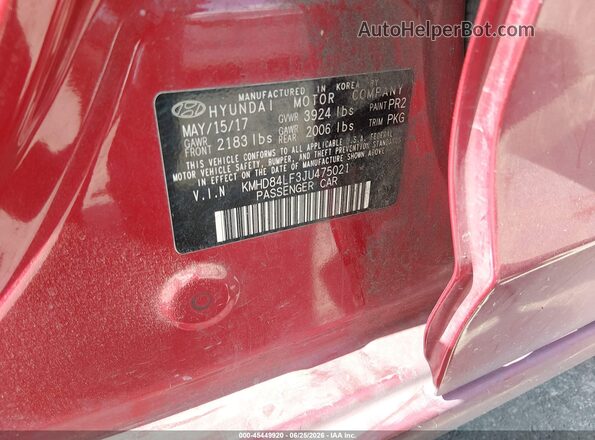 KMHD84LF3JU475021 2018 HYUNDAI ELANTRA Red Widok komory silnika