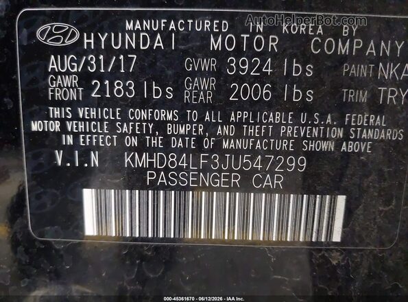 KMHD84LF3JU547299 2018 HYUNDAI ELANTRA Black 