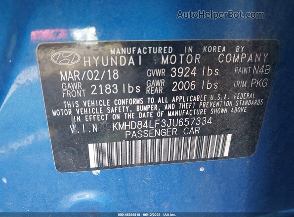 KMHD84LF3JU657334 2018 HYUNDAI ELANTRA Blue Engine compartment view