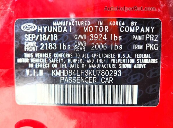 KMHD84LF3KU780293 2019 HYUNDAI ELANTRA Красный Вид подкапотного пространства