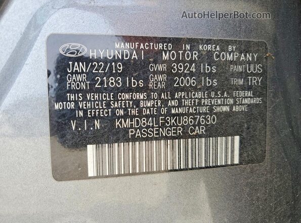 KMHD84LF3KU867630 2019 HYUNDAI ELANTRA Gray Widok komory silnika