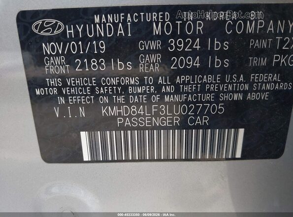 KMHD84LF3LU027705 2020 HYUNDAI ELANTRA Silver Շարժիչի բաժամունքի տեսք