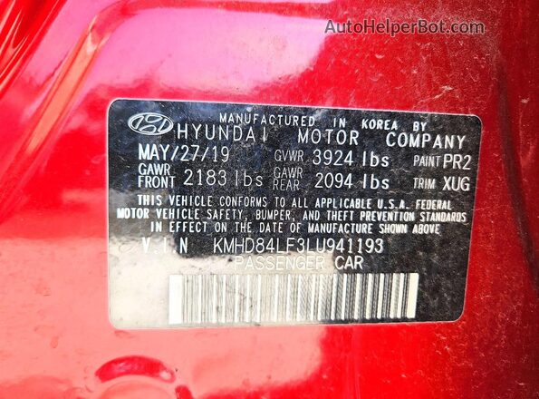 KMHD84LF3LU941193 2020 HYUNDAI ELANTRA Red VIN կոդի պիտակի տեսք
