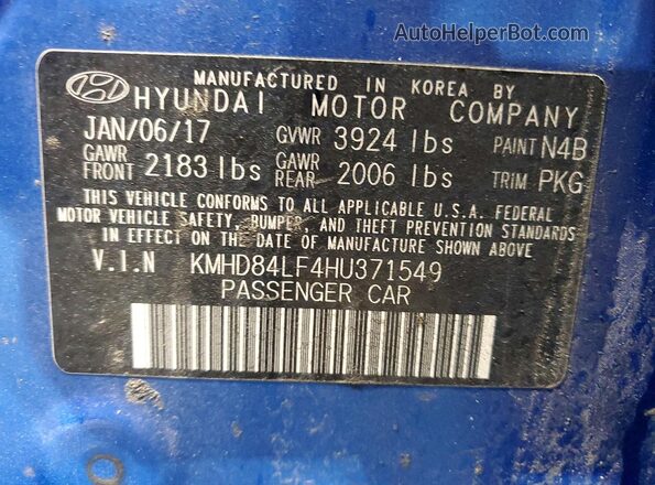 KMHD84LF4HU371549 2017 HYUNDAI ELANTRA Blue 