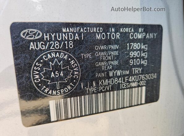 KMHD84LF4KU763034 2019 HYUNDAI ELANTRA White 