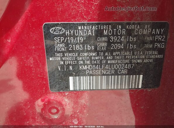 KMHD84LF4LU002487 2020 HYUNDAI ELANTRA Red ძრავის განყოფილების ხედი