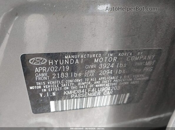 KMHD84LF4LU904203 2020 HYUNDAI ELANTRA Gray ძრავის განყოფილების ხედი
