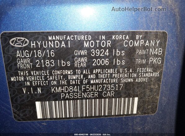 KMHD84LF5HU273517 2017 HYUNDAI ELANTRA Blue Շարժիչի բաժամունքի տեսք