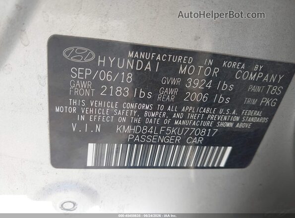 KMHD84LF5KU770817 2019 HYUNDAI ELANTRA Gray Engine compartment view