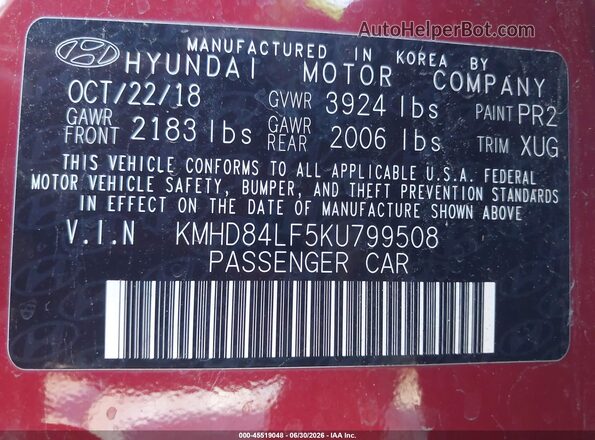 KMHD84LF5KU799508 2019 HYUNDAI ELANTRA Red ძრავის განყოფილების ხედი