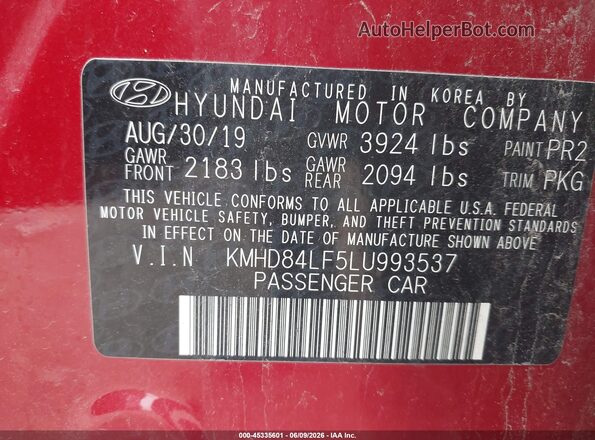 KMHD84LF5LU993537 2020 HYUNDAI ELANTRA Red ძრავის განყოფილების ხედი