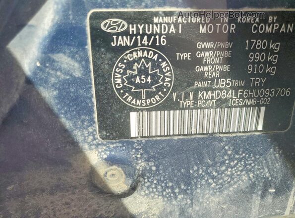 KMHD84LF6HU093706 2017 HYUNDAI ELANTRA Blue Vista del compartimento del motor