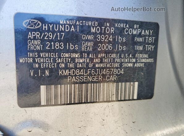 KMHD84LF6JU467804 2018 HYUNDAI ELANTRA Silver Vista del compartimento del motor