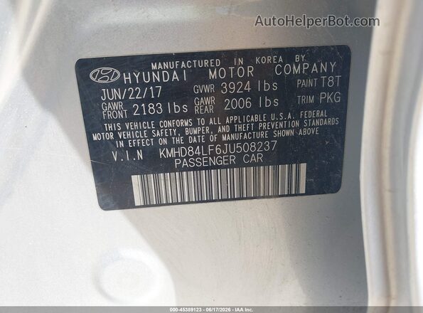 KMHD84LF6JU508237 2018 HYUNDAI ELANTRA Silver Вид підкапотного простору