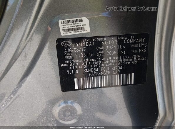 KMHD84LF6JU537043 2018 HYUNDAI ELANTRA Gray Vista del compartimento del motor
