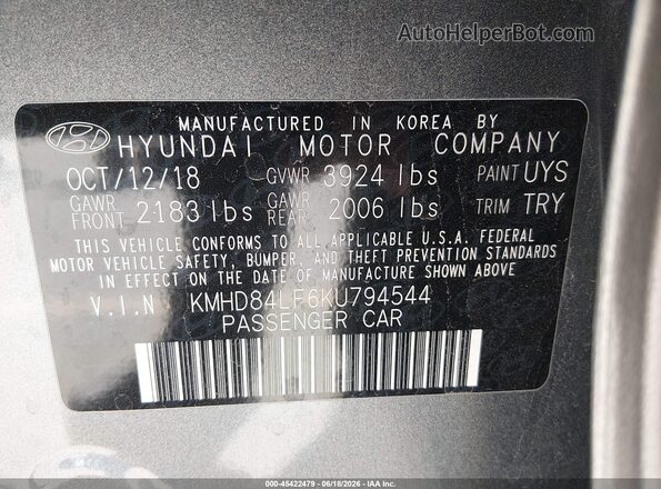 KMHD84LF6KU794544 2019 HYUNDAI ELANTRA Gray Widok komory silnika