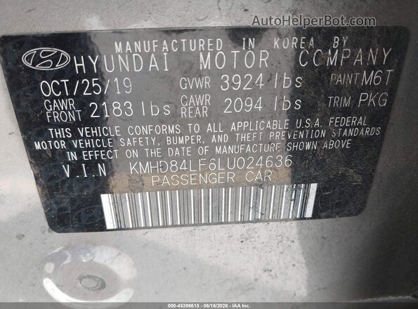 KMHD84LF6LU024636 2020 HYUNDAI ELANTRA Gray ძრავის განყოფილების ხედი