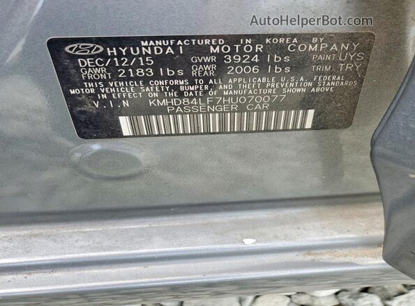 KMHD84LF7HU070077 2017 HYUNDAI ELANTRA Charcoal ძრავის განყოფილების ხედი